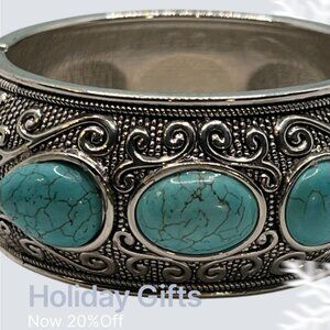 Silver Tone Cuff Bracelet Turquoise Color Stone Spring Closure
